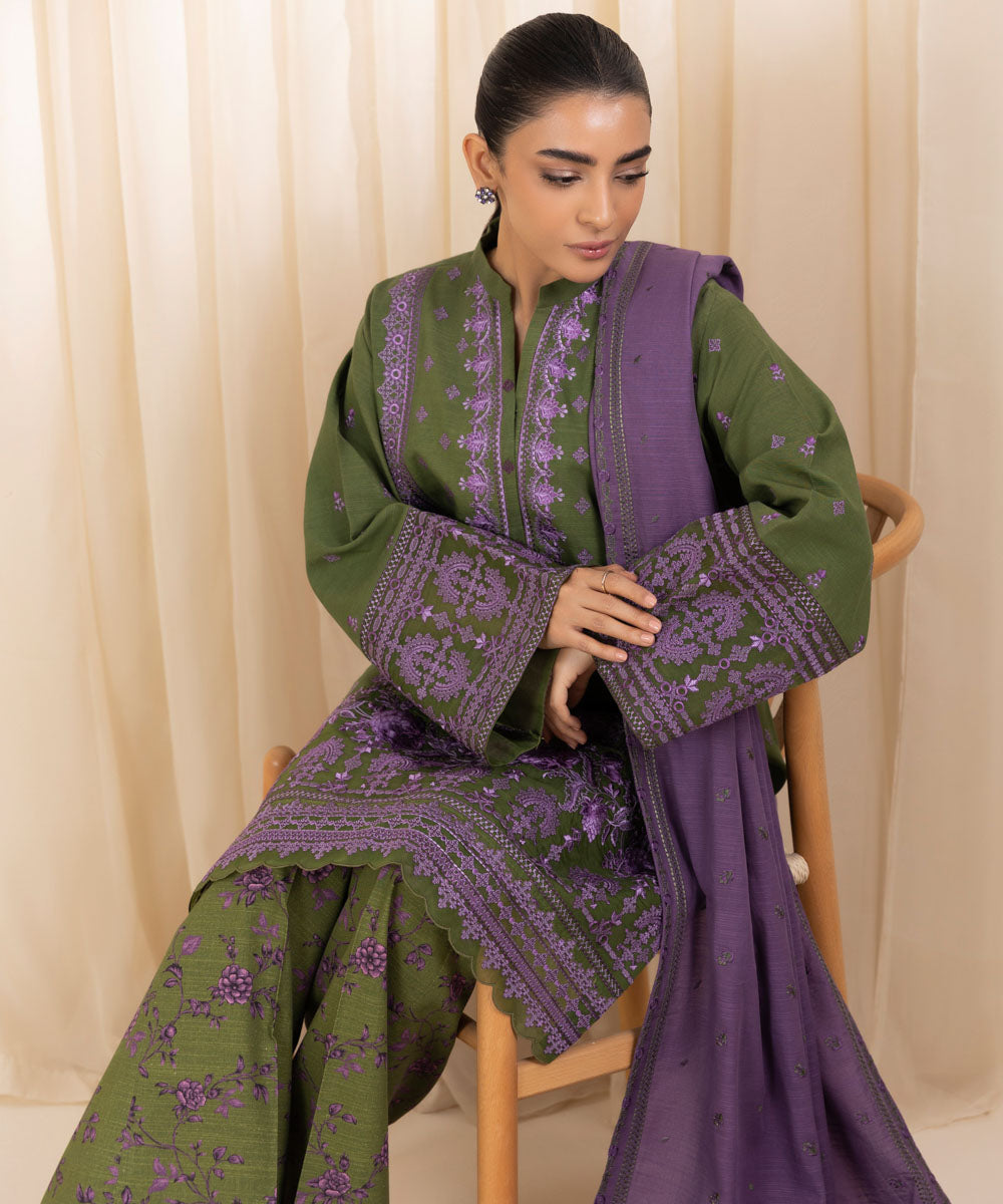 Women's Unstitched Embroidered Olive Green Khaddar Three Piece Suit