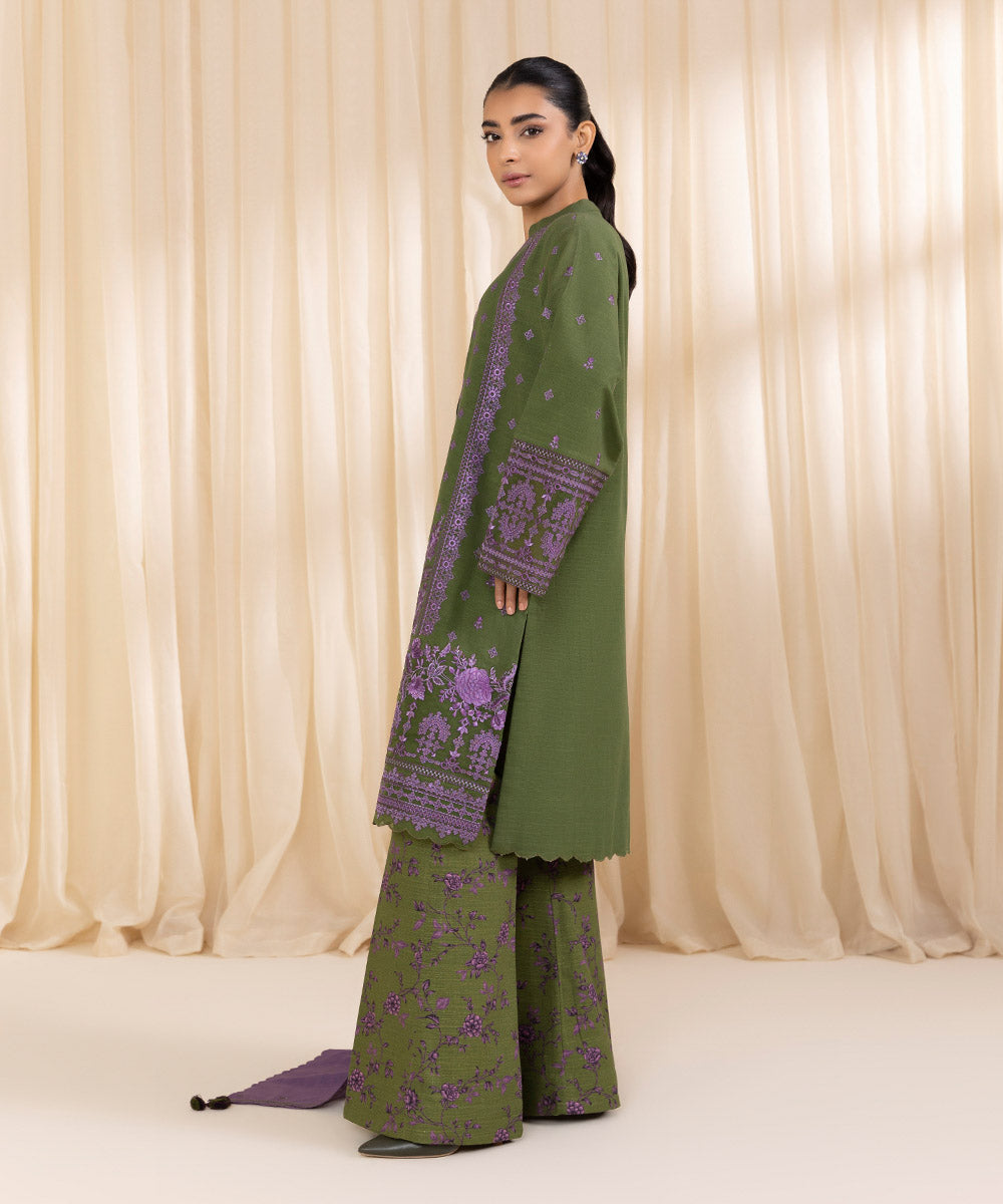 Women's Unstitched Embroidered Olive Green Khaddar Three Piece Suit