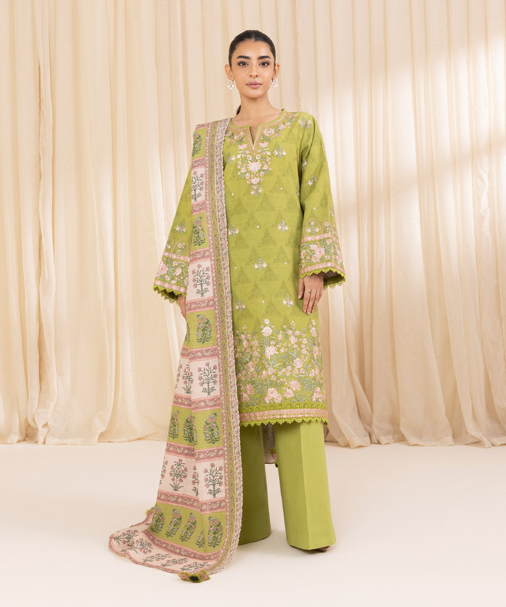 Women's Unstitched Embroidered Lime Green Cotton Jacquard Three Piece Suit