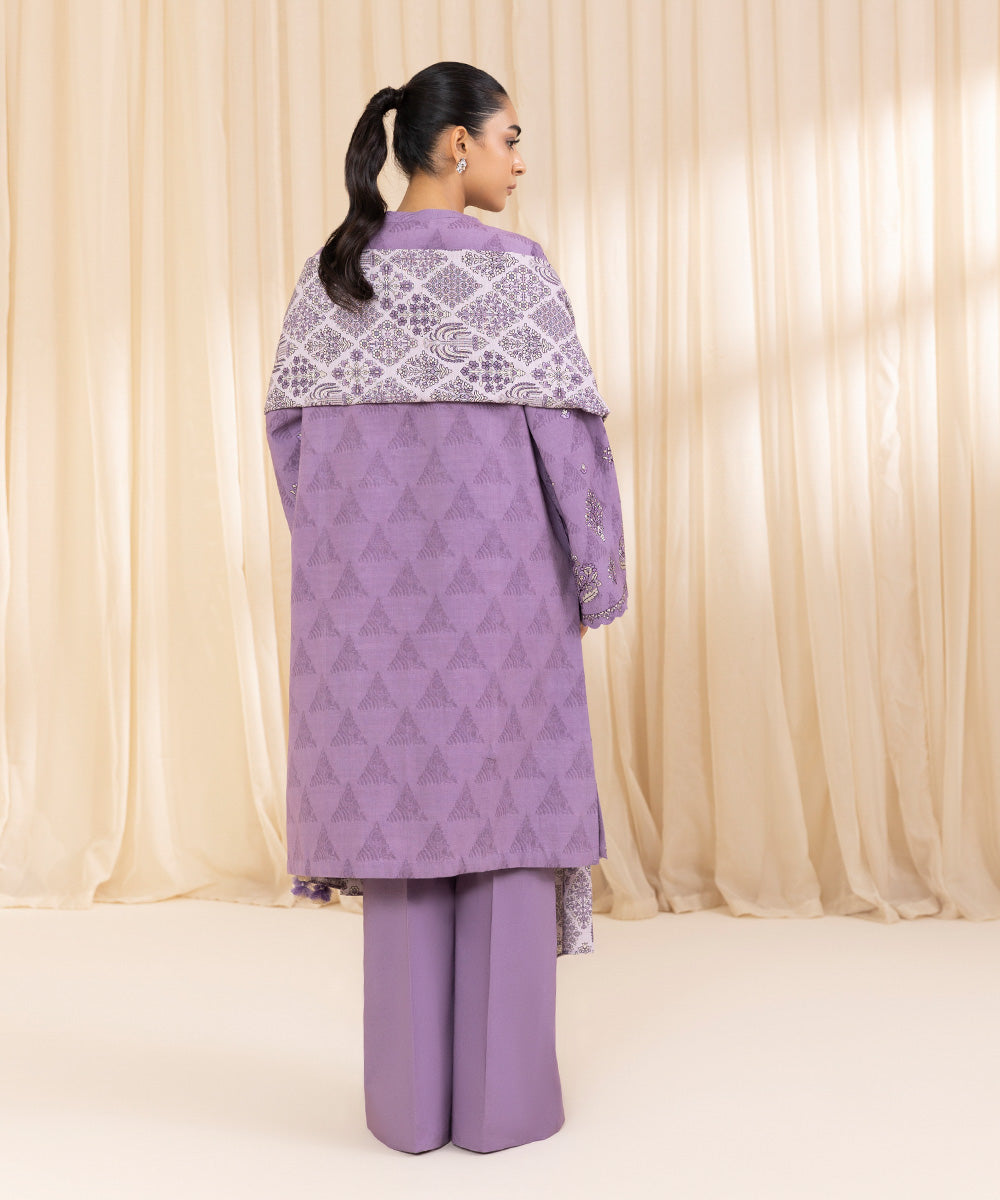 Women's Unstitched Embroidered Light Violet Cotton Jacquard Three Piece Suit