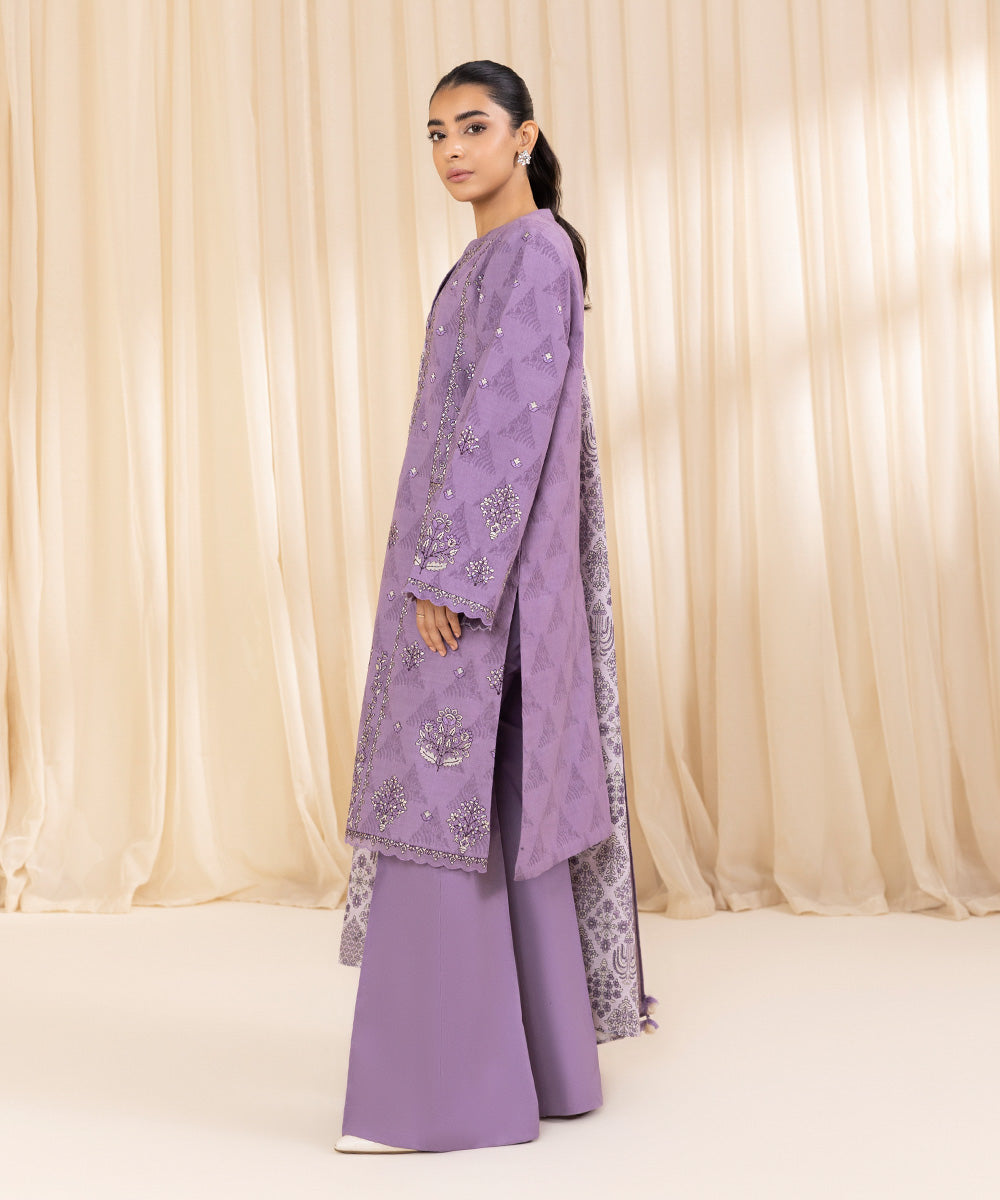 Women's Unstitched Embroidered Light Violet Cotton Jacquard Three Piece Suit