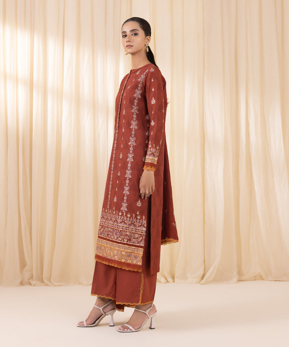 Women's Unstitched Rust Cotton Jacquard Three Piece Suit