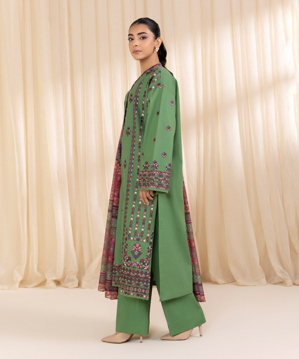 Women's Unstitched Embroidered Sage Green Dobby Three Piece Suit