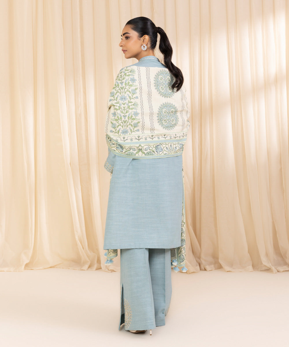 Women's Unstitched Embroidered Aqua Khaddar Three Piece Suit