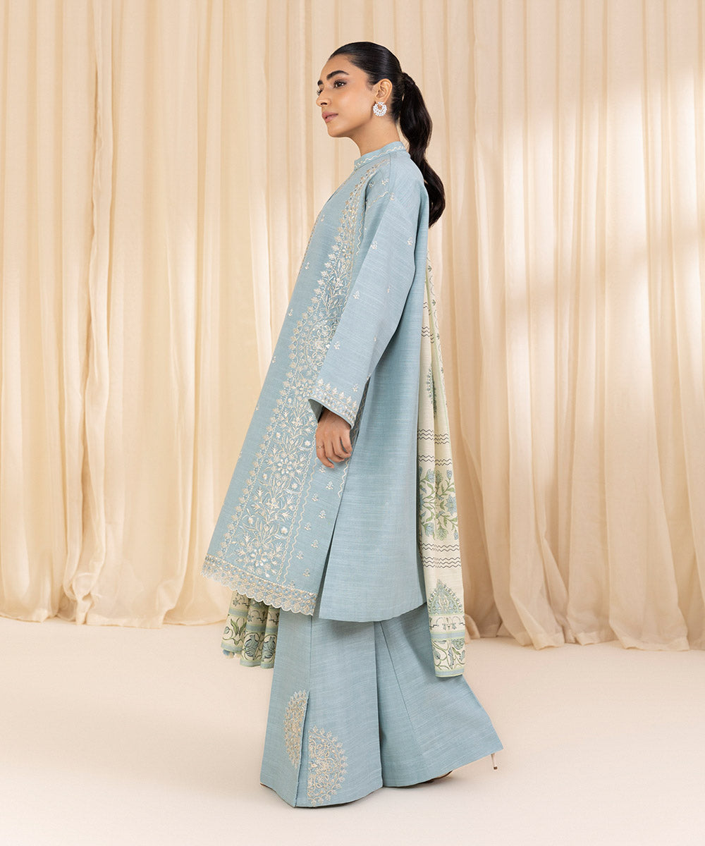 Women's Unstitched Embroidered Aqua Khaddar Three Piece Suit