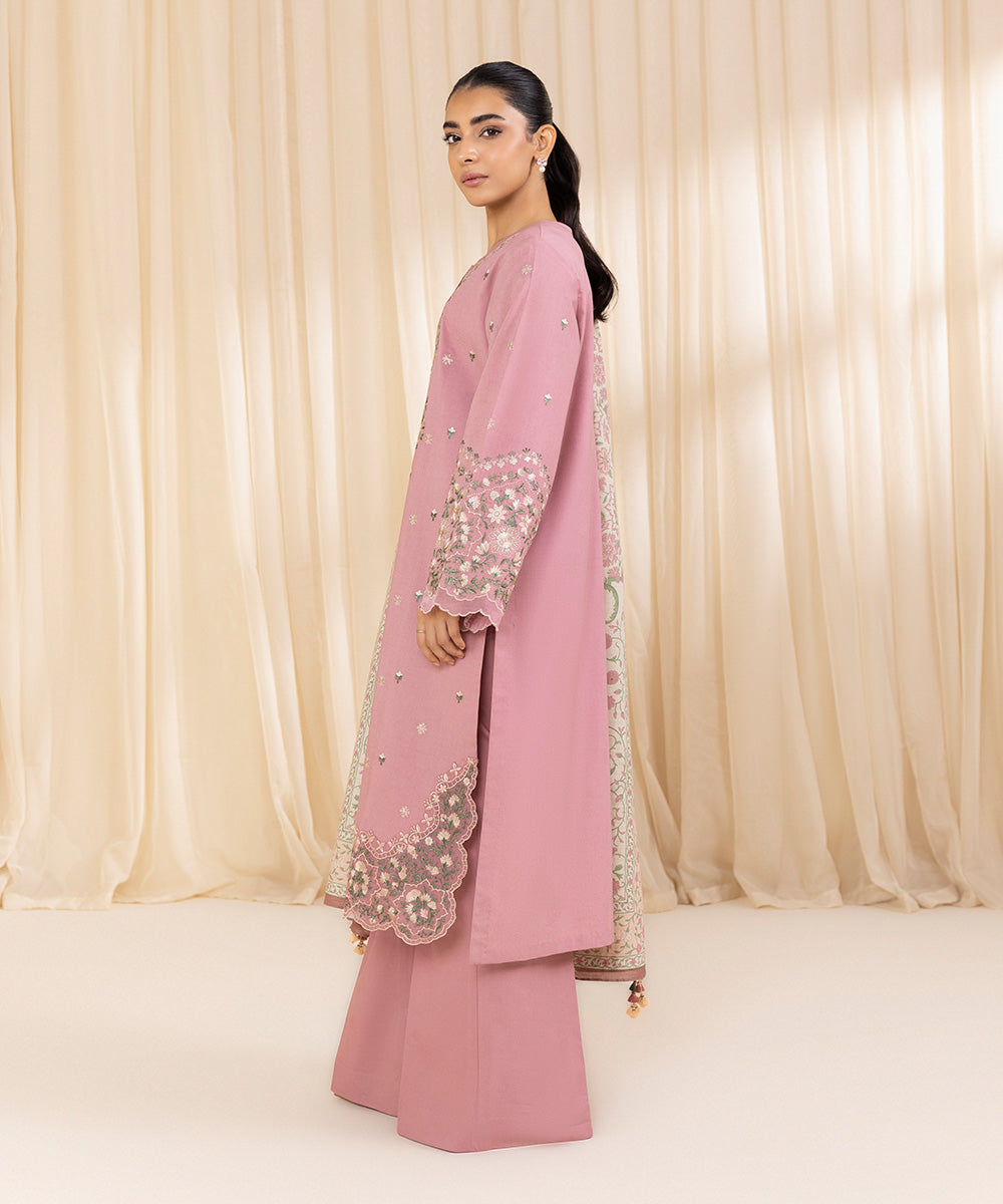 Women's Unstitched Embroidered Tea Pink Cambric Three Piece Suit