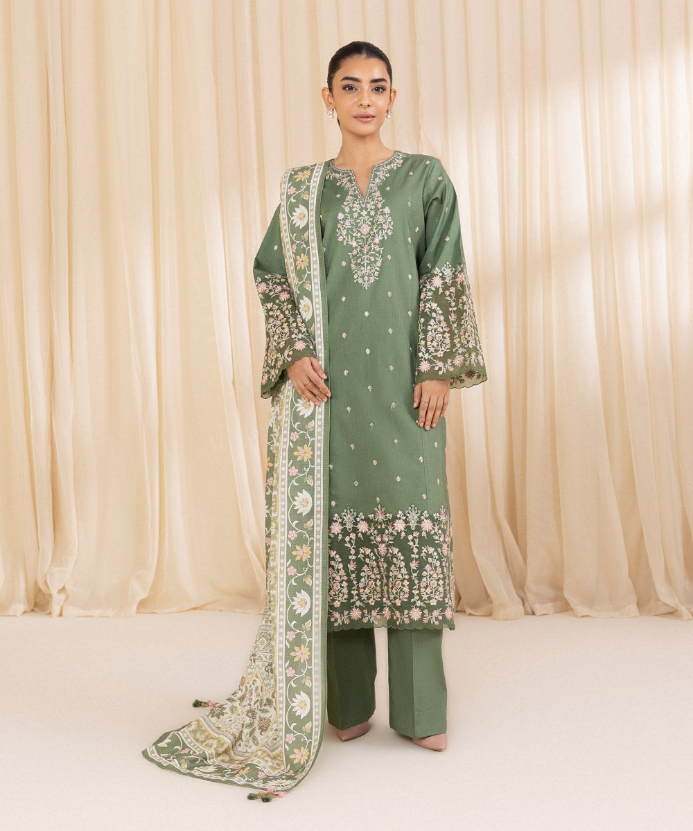 Women's Unstitched Embroidered Laurel Green Cambric Three Piece Suit