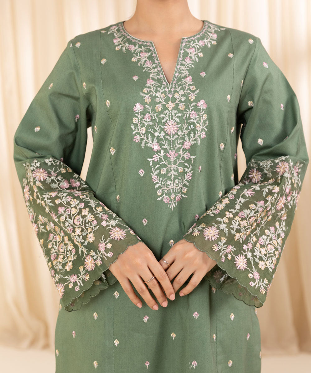 Women's Unstitched Embroidered Laurel Green Cambric Three Piece Suit