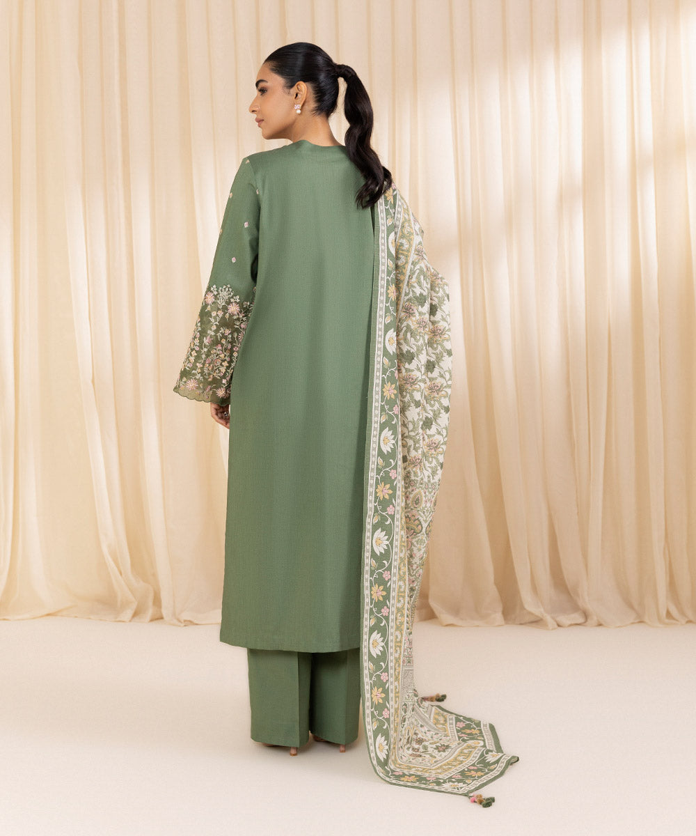 Women's Unstitched Embroidered Laurel Green Cambric Three Piece Suit