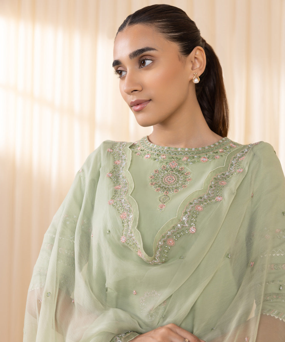 Women's Unstitched Embroidered Mint Green Fine Cotton Satin Three Piece Suit