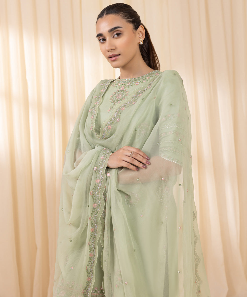 Women's Unstitched Embroidered Mint Green Fine Cotton Satin Three Piece Suit