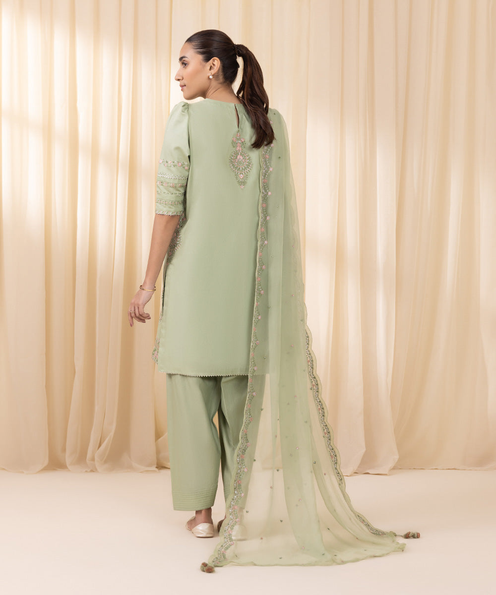 Women's Unstitched Embroidered Mint Green Fine Cotton Satin Three Piece Suit