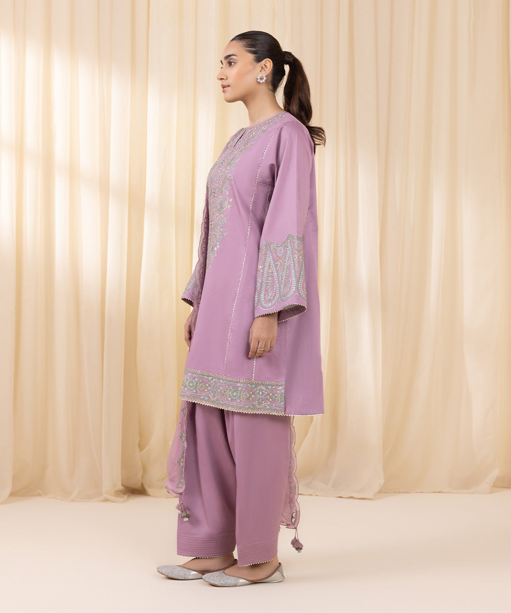 Women's Unstitched Embroidered Dusty Purple Fine Cotton Satin Three Piece Suit