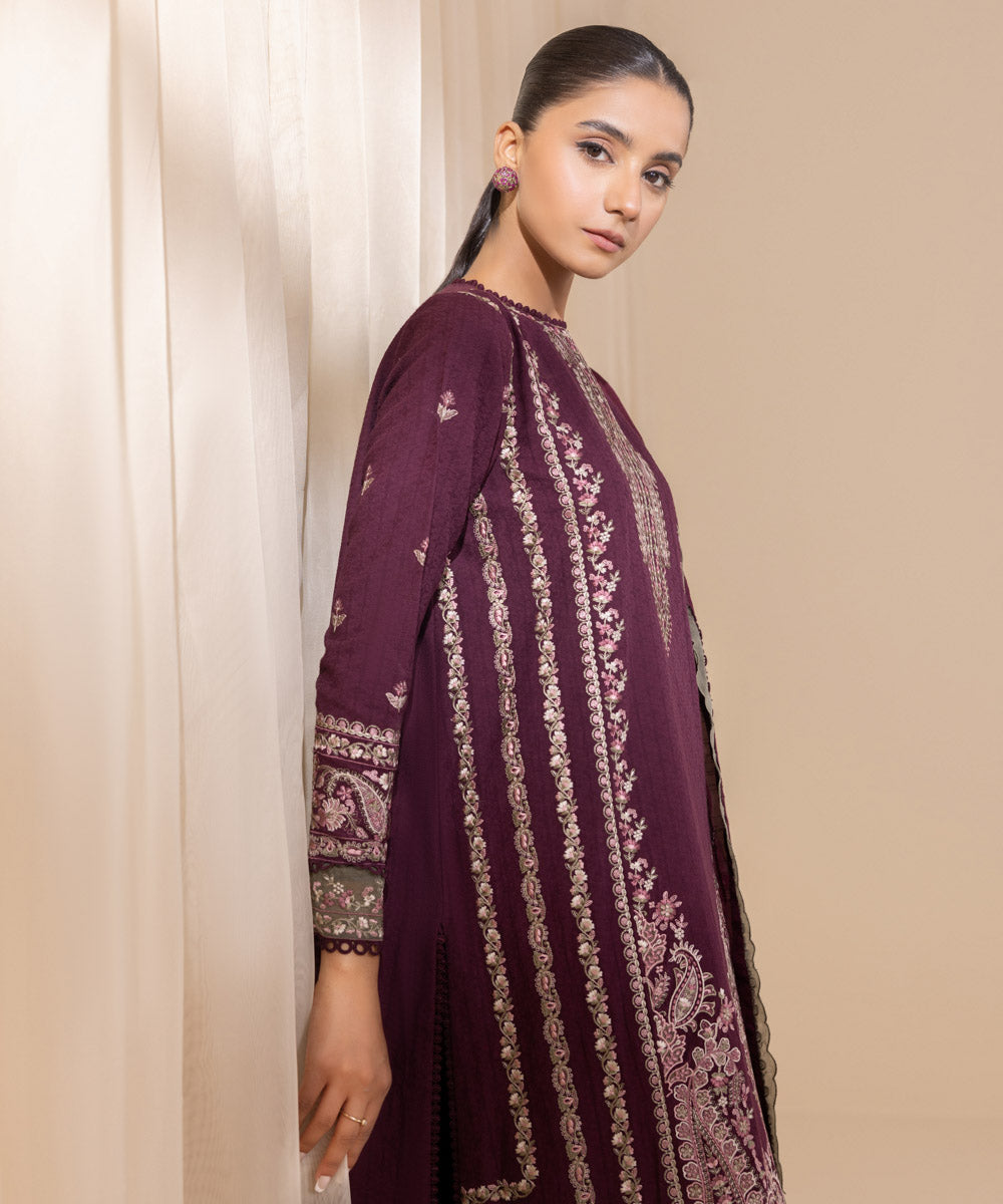 Women's Unstitched Purple Cotton Jacquard Three Piece Suit