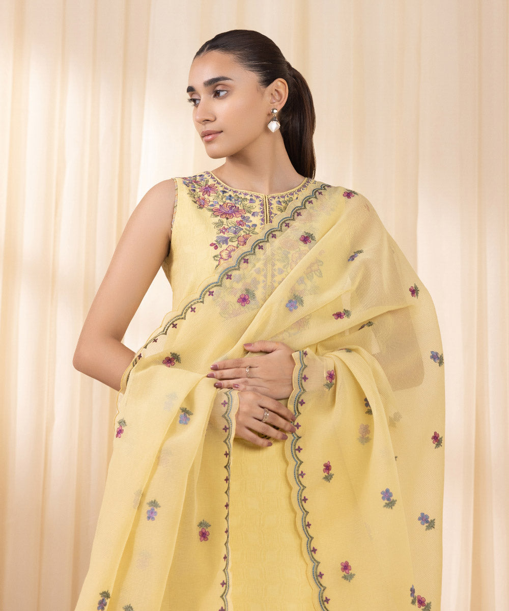 Women's Unstitched Embroidered Yellow Cotton Jacquard Three Piece Suit