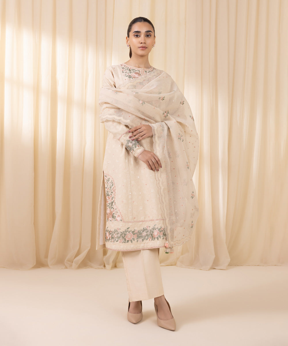 Women's Unstitched Embroidered Off White Cotton Jacquard Three Piece Suit