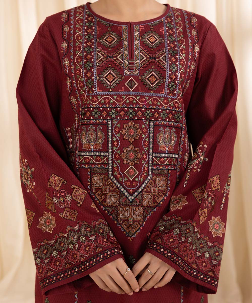 Women's Unstitched Embroidered Maroon Dobby Three Piece Suit