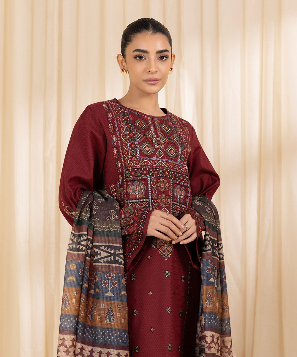 Women's Unstitched Embroidered Maroon Dobby Three Piece Suit