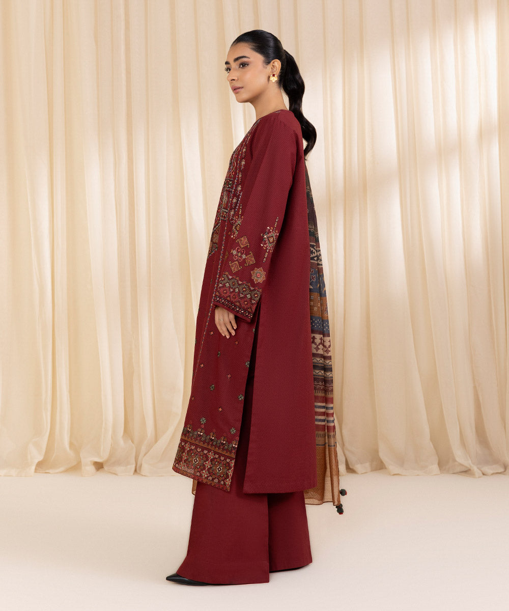 Women's Unstitched Embroidered Maroon Dobby Three Piece Suit