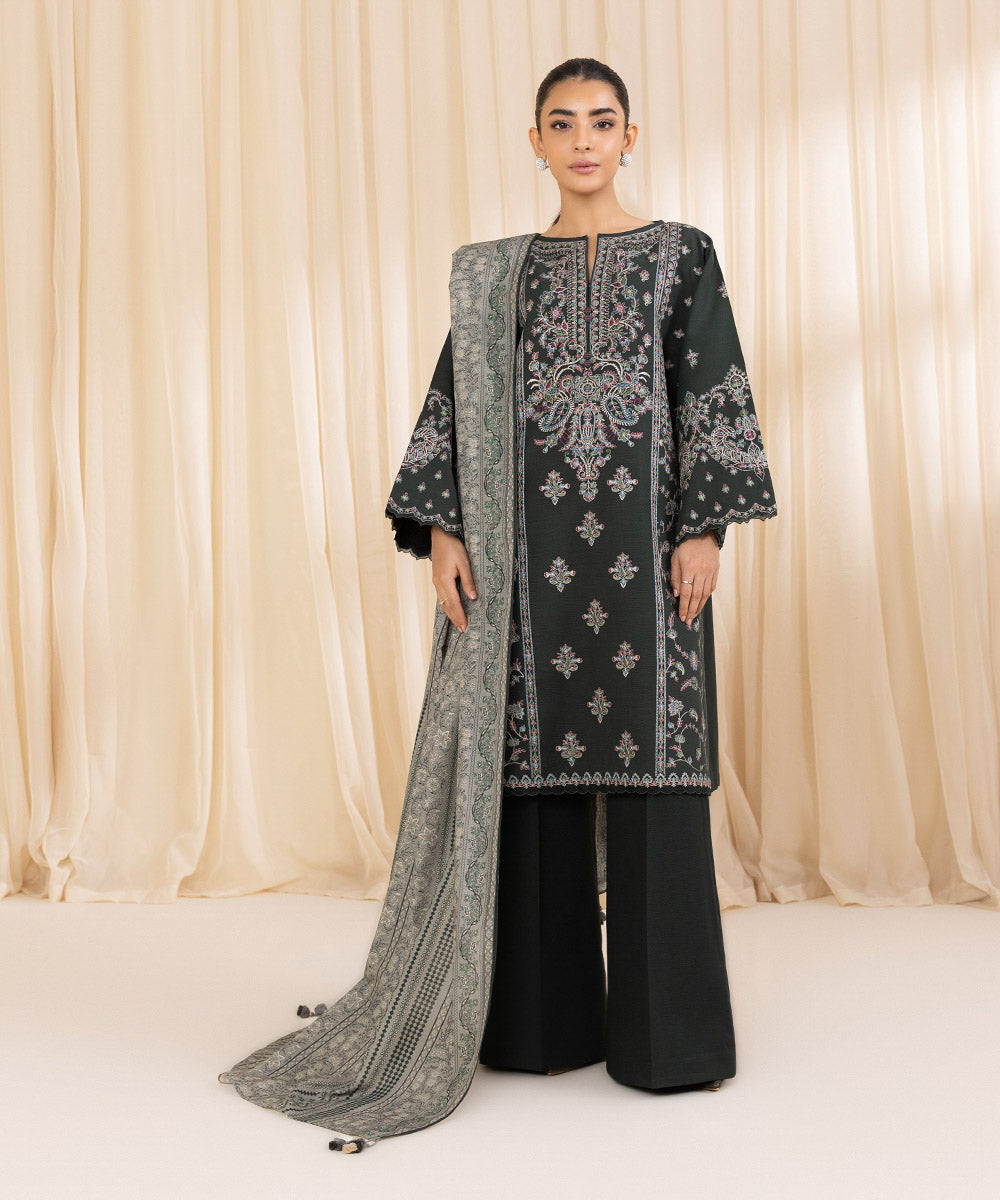 Women's Unstitched Embroidered Dark Green Grey Khaddar Three Piece Suit