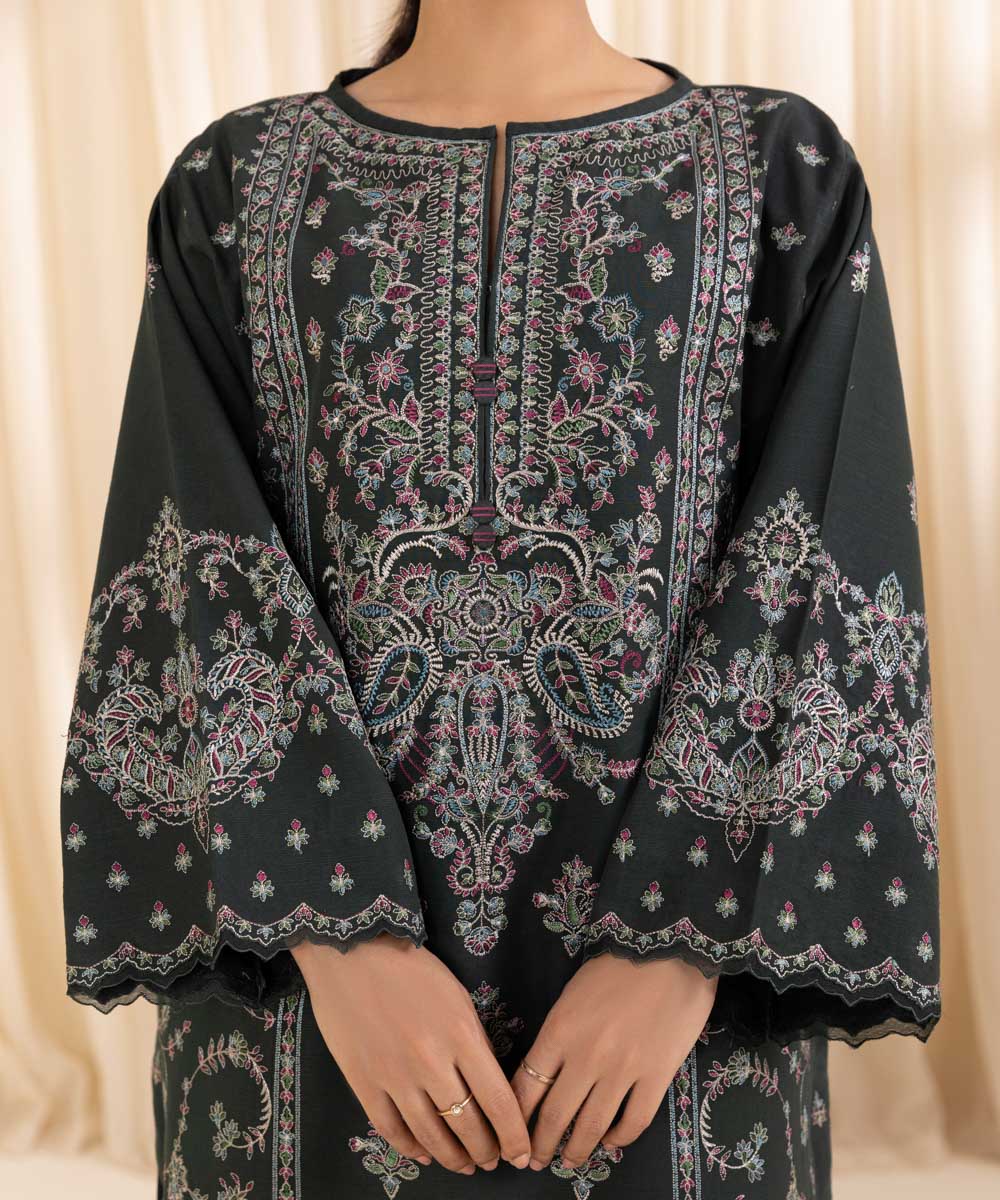 Women's Unstitched Embroidered Dark Green Grey Khaddar Three Piece Suit