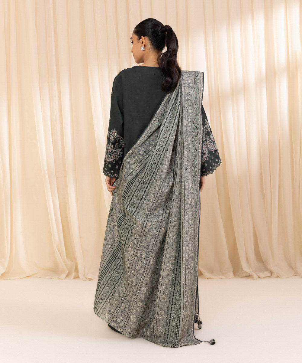 Women's Unstitched Embroidered Dark Green Grey Khaddar Three Piece Suit