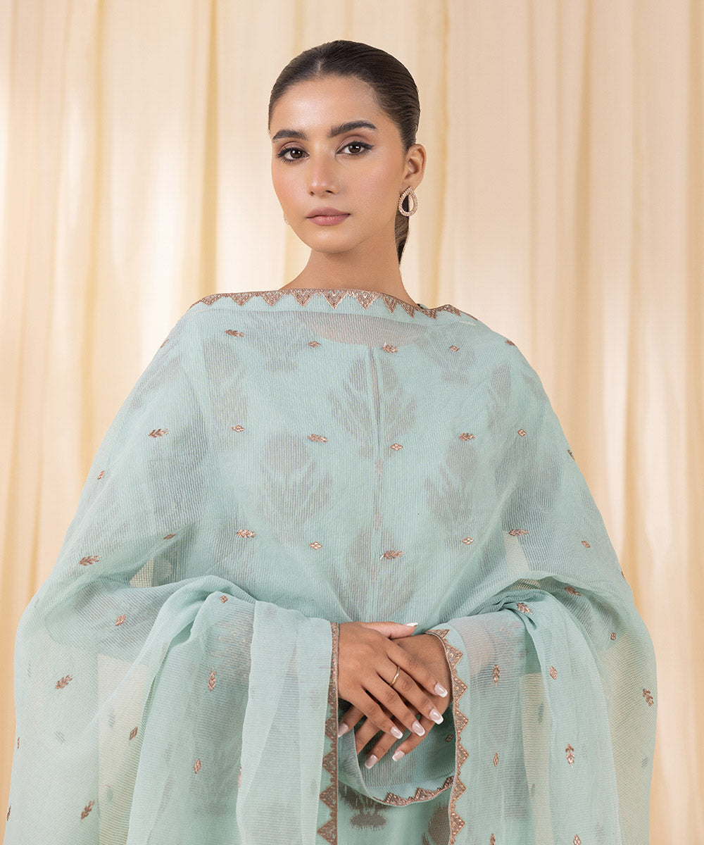 Women's Unstitched Embroidered Aqua Green Extra Weft Jacquard Three Piece Suit