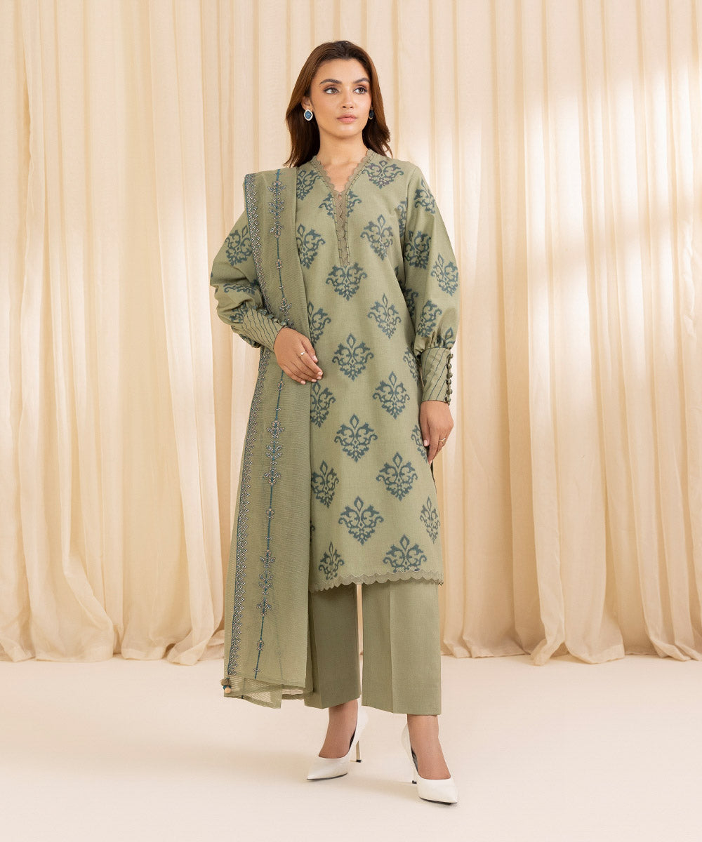 Women's Unstitched Embroidered Beige & Teal Extra Weft Jacquard Three Piece Suit