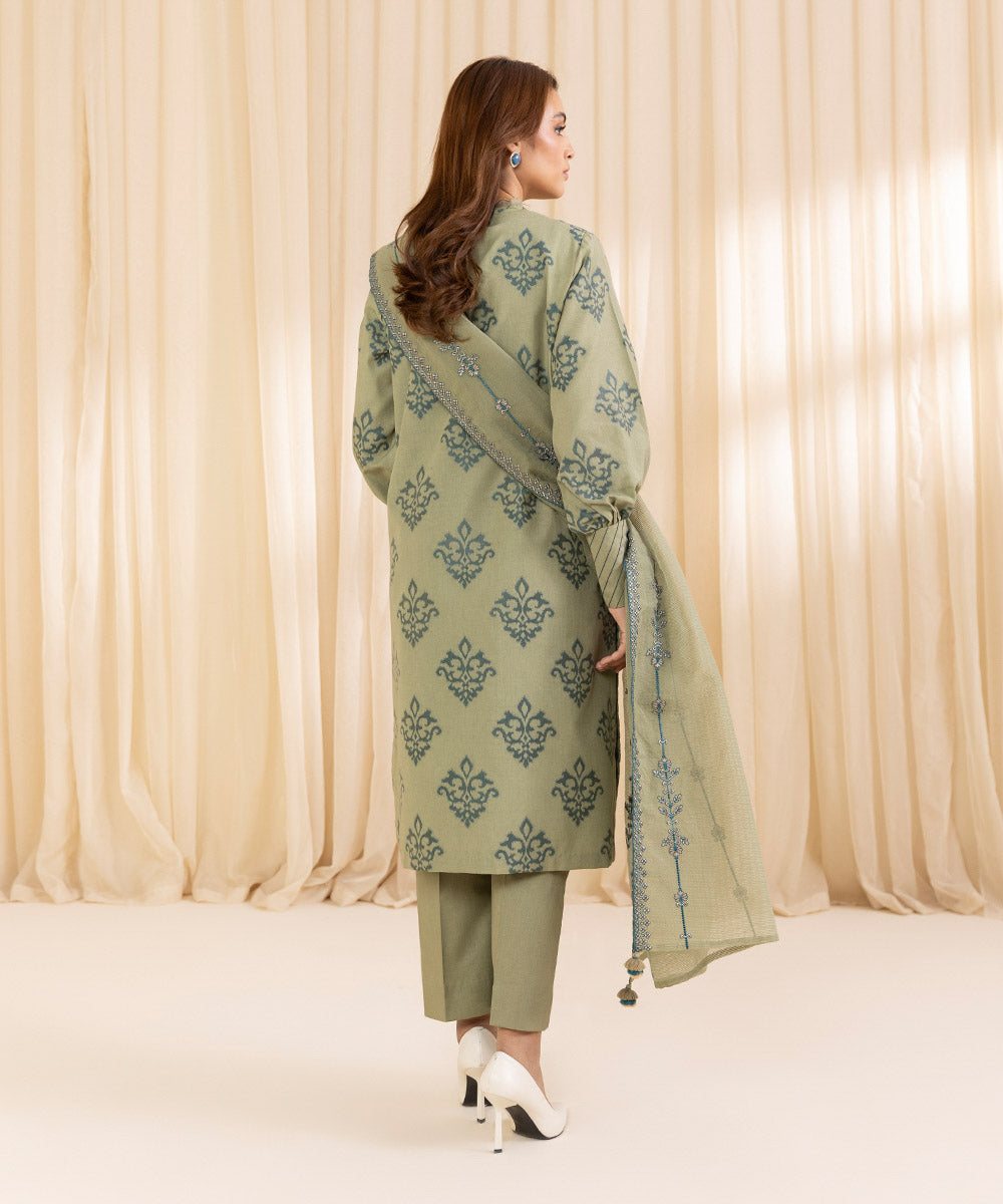 Women's Unstitched Embroidered Beige & Teal Extra Weft Jacquard Three Piece Suit