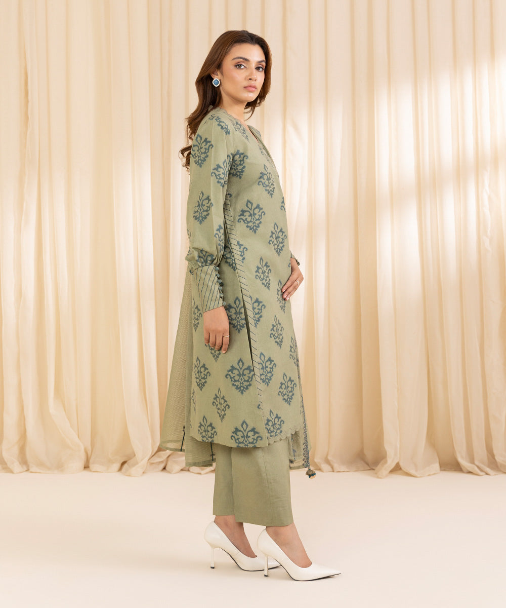 Women's Unstitched Embroidered Beige & Teal Extra Weft Jacquard Three Piece Suit