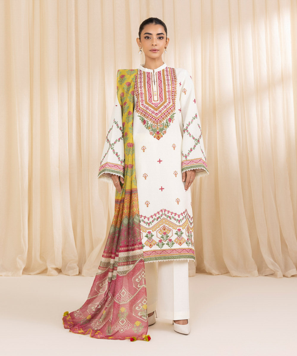 Women's Unstitched Embroidered Ivory Cotton Karandi Three Piece Suit