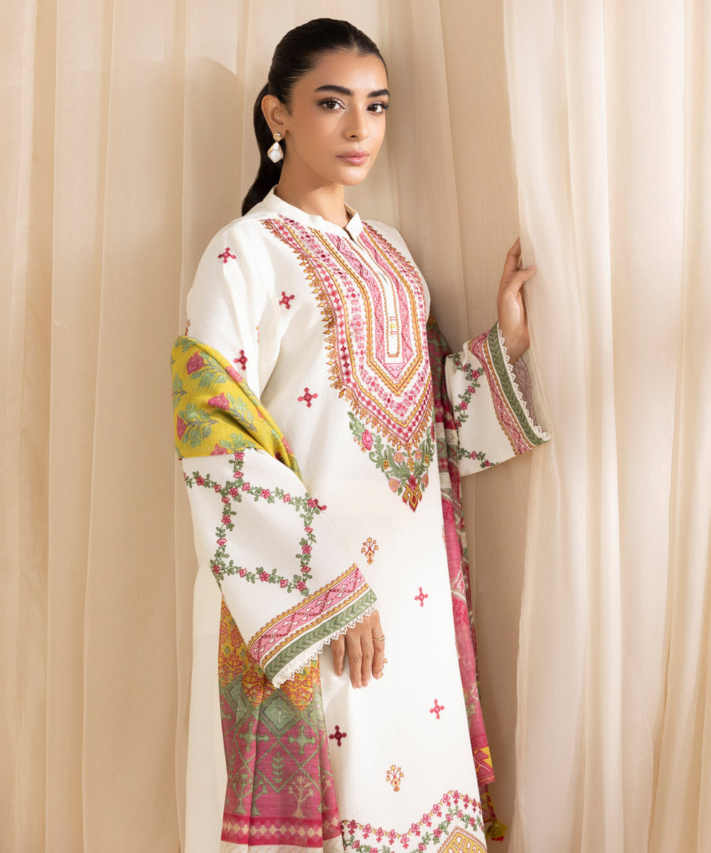 Women's Unstitched Embroidered Ivory Cotton Karandi Three Piece Suit