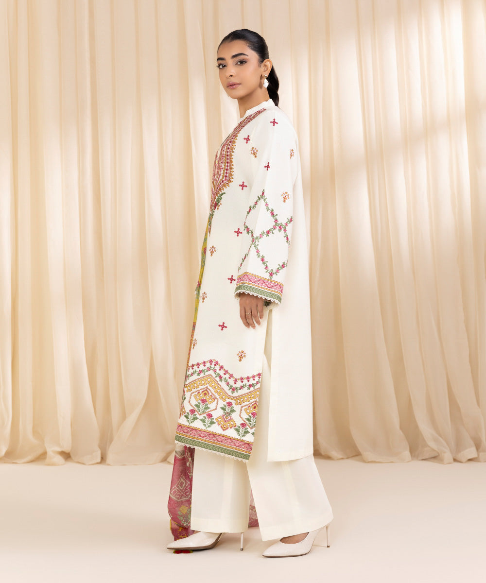 Women's Unstitched Embroidered Ivory Cotton Karandi Three Piece Suit