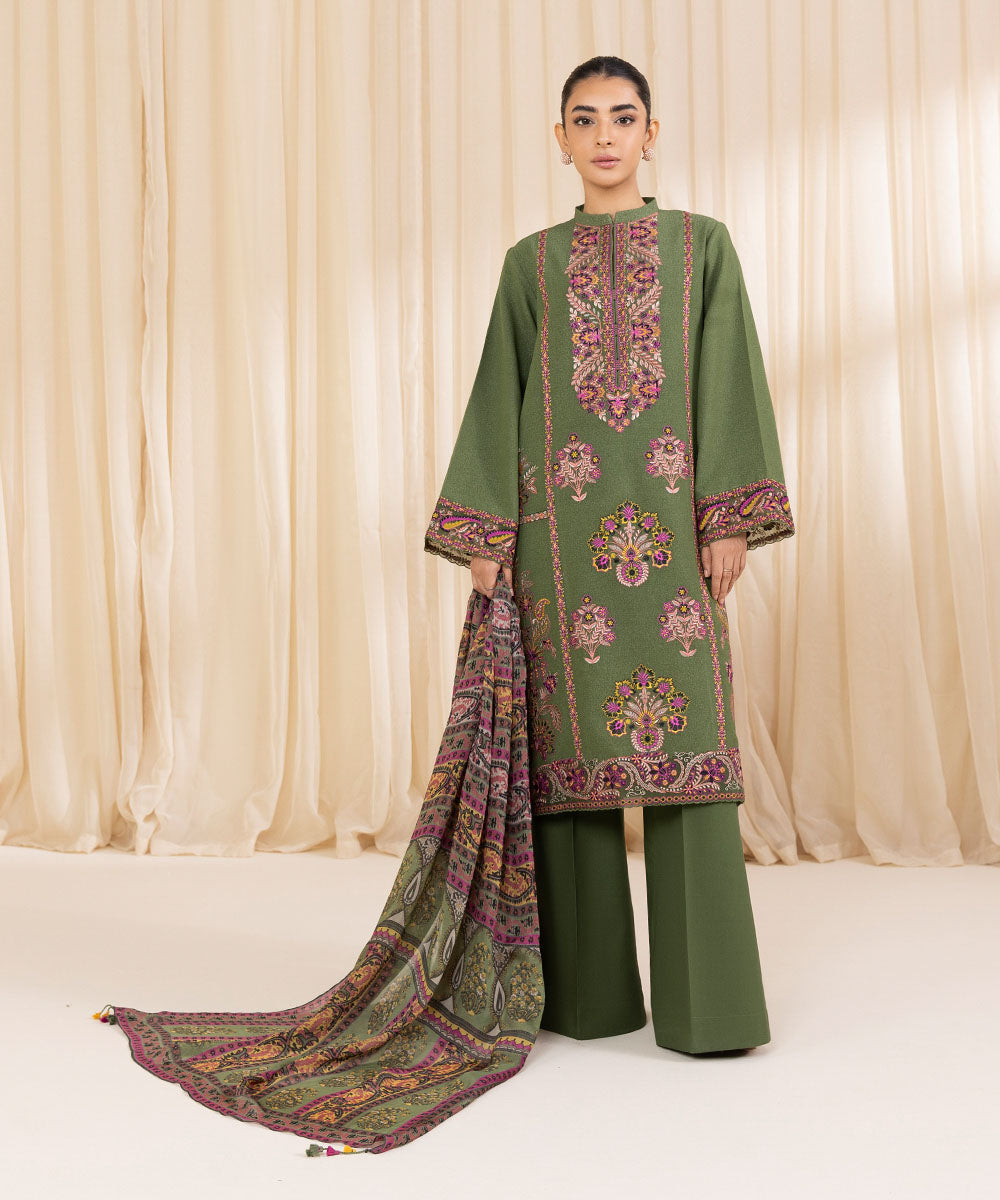 Women's Unstitched Embroidered Laurel Green Cotton Karandi Three Piece Suit