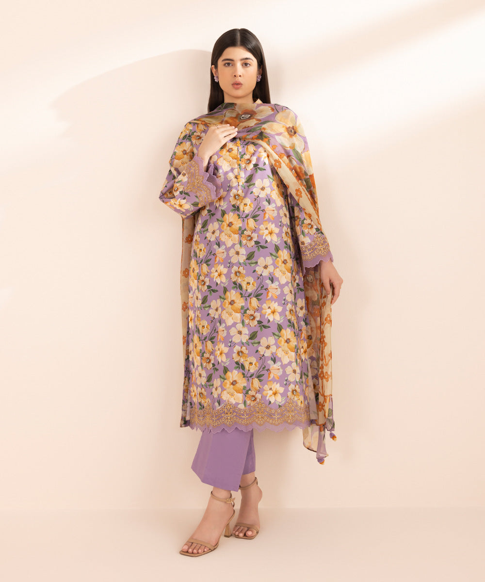 Women's Unstitched Lawn Purple Embroidered 3 Piece Suit