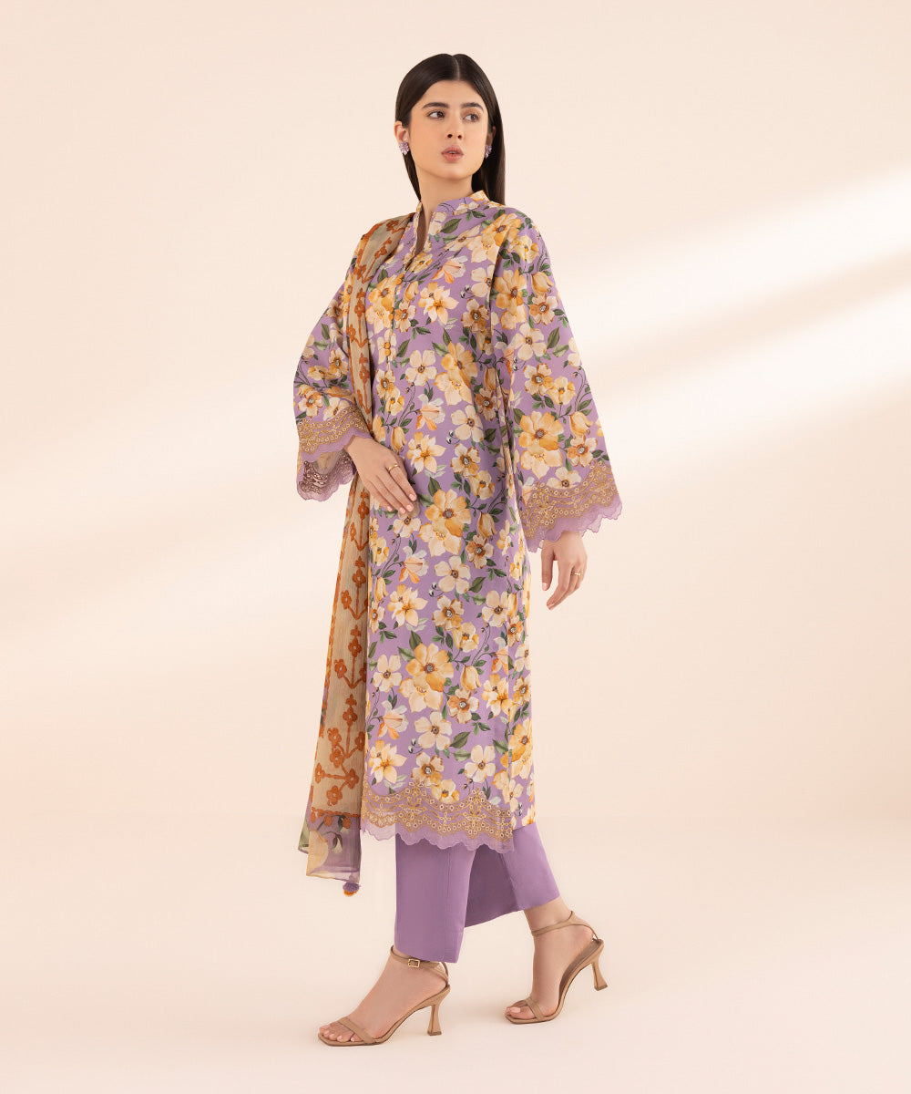 Women's Unstitched Lawn Purple Embroidered 3 Piece Suit