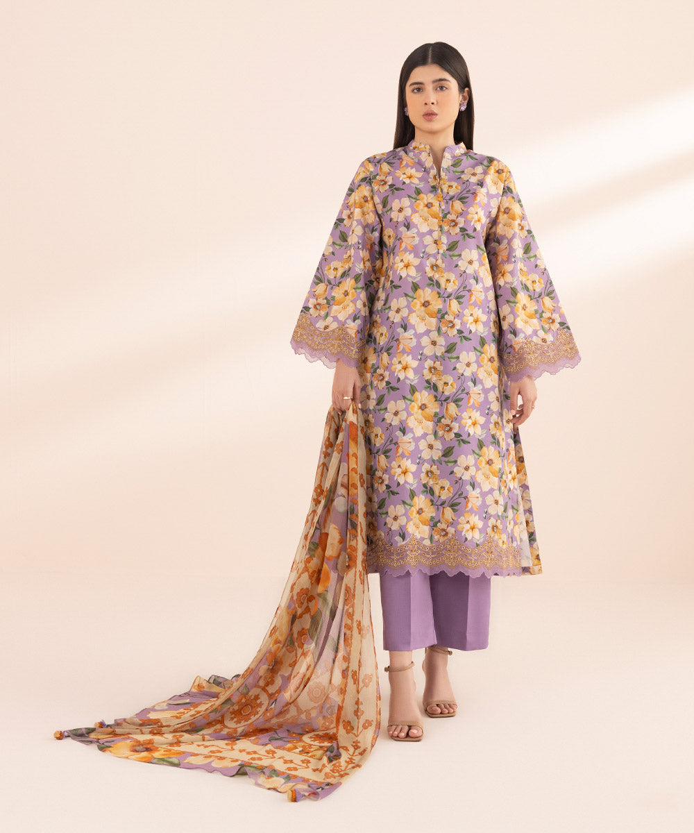 Women's Unstitched Lawn Purple Embroidered 3 Piece Suit