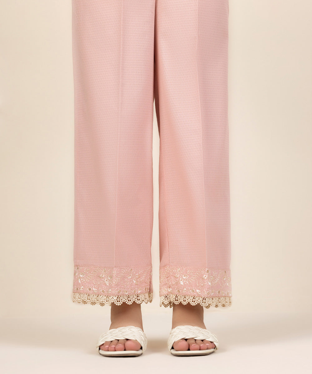 Women's Pret Dobby Embroidered Pink Straight Pants