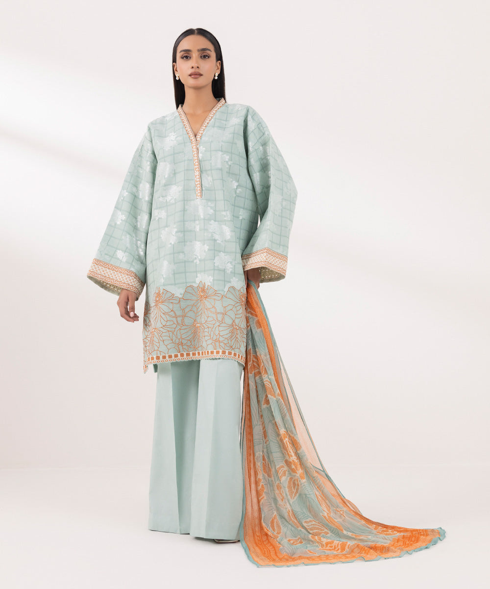 Women's Unstitched Embroidered Arabic Extra Weft Blue 3 Piece Suit