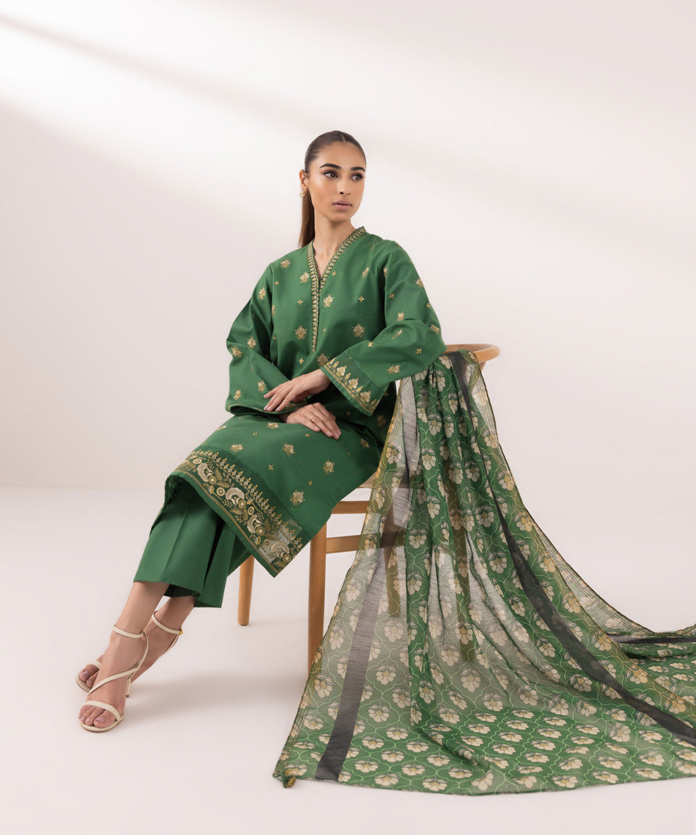 Women's Unstitched Multineps Embroidered Green 3 Piece Suit