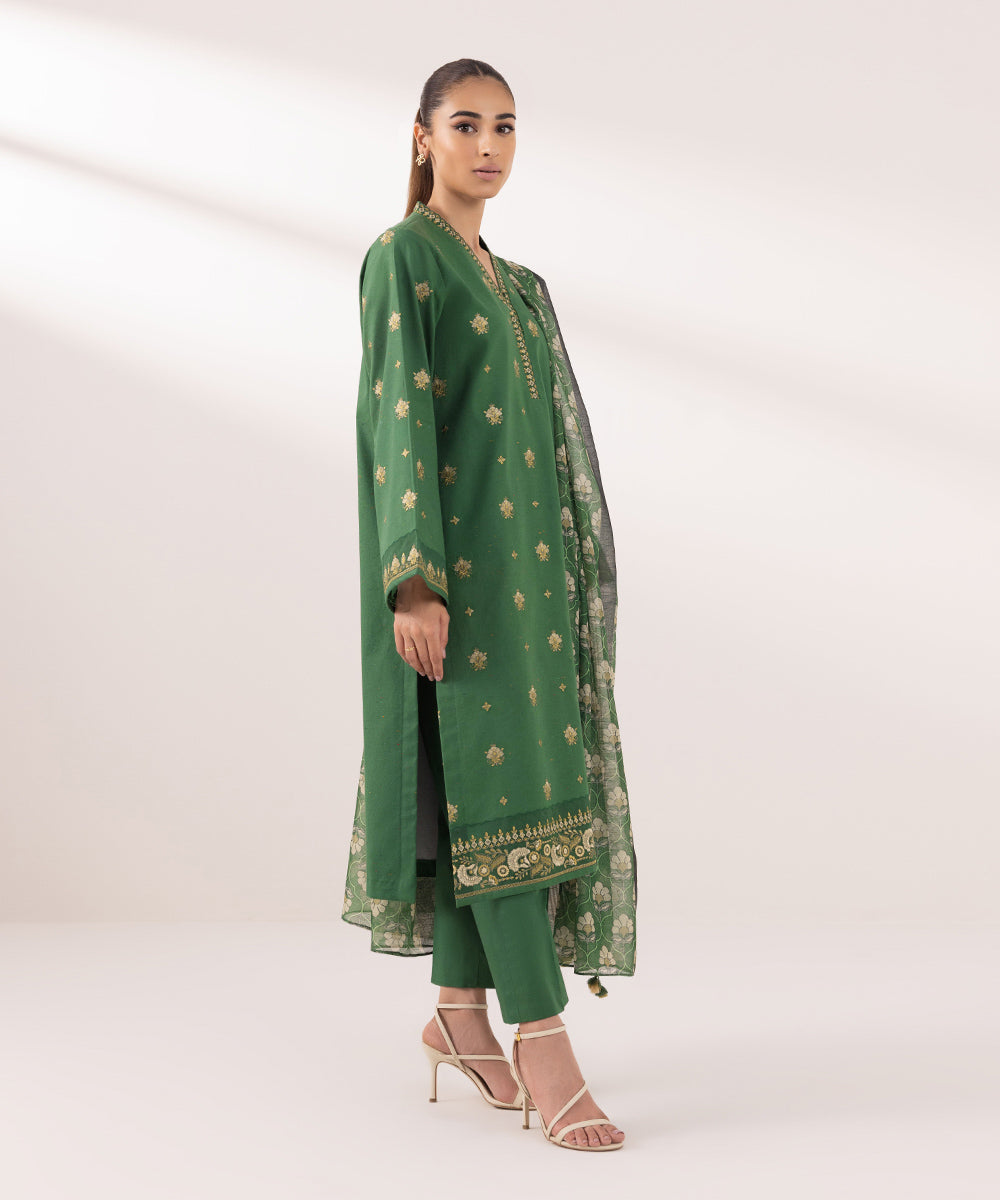 Women's Unstitched Multineps Embroidered Green 3 Piece Suit