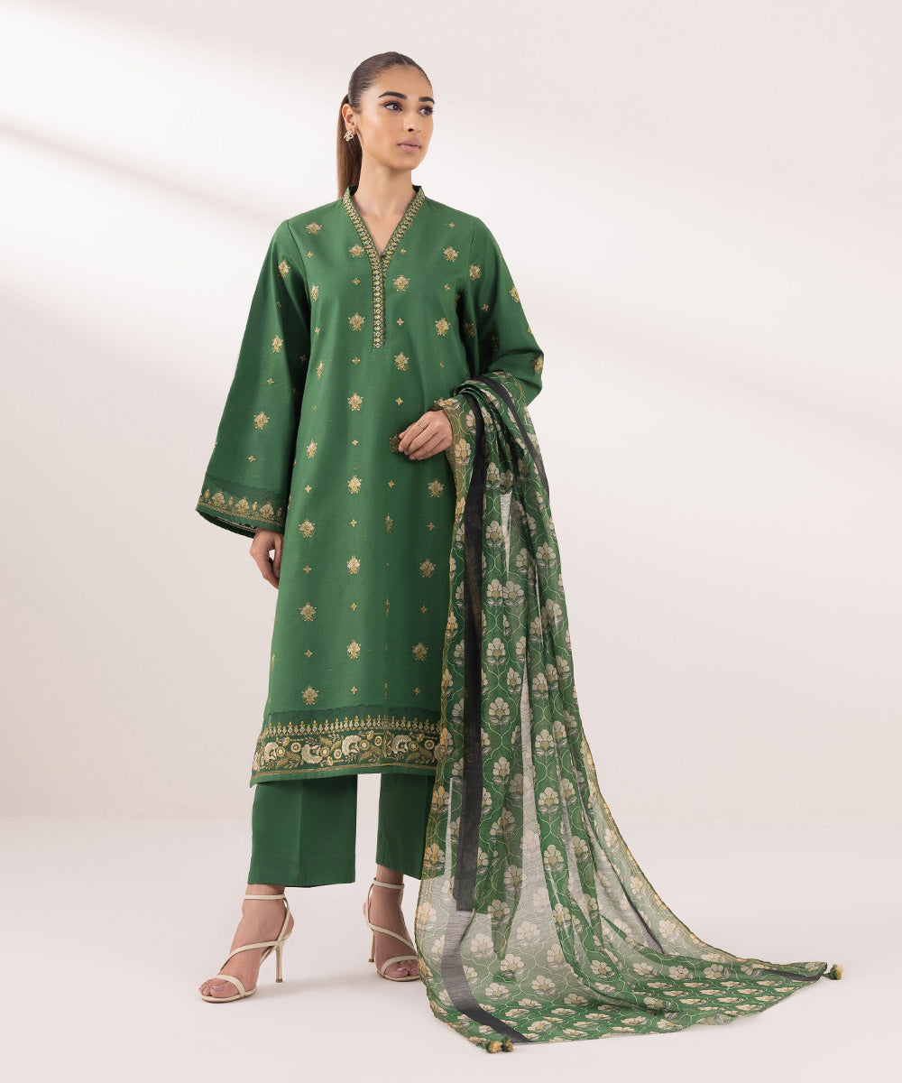 Women's Unstitched Multineps Embroidered Green 3 Piece Suit