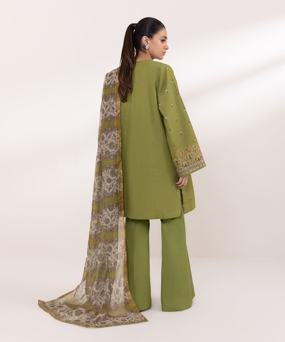 Women's Unstitched Multineps Embroidered Green 3 Piece Suit