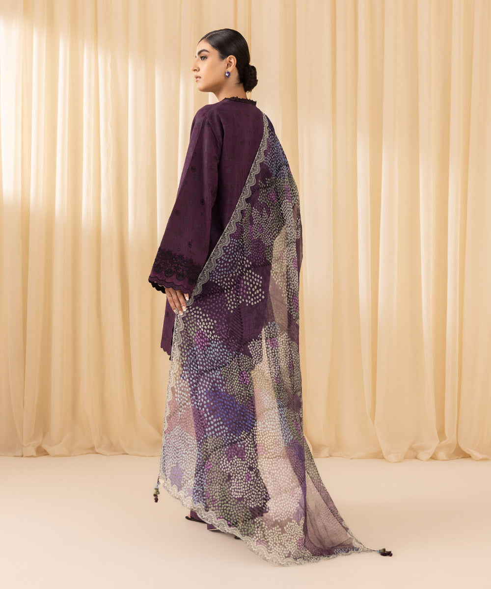 Women's Unstitched Embroidered Arabic Extra Weft Purple 3 Piece Suit