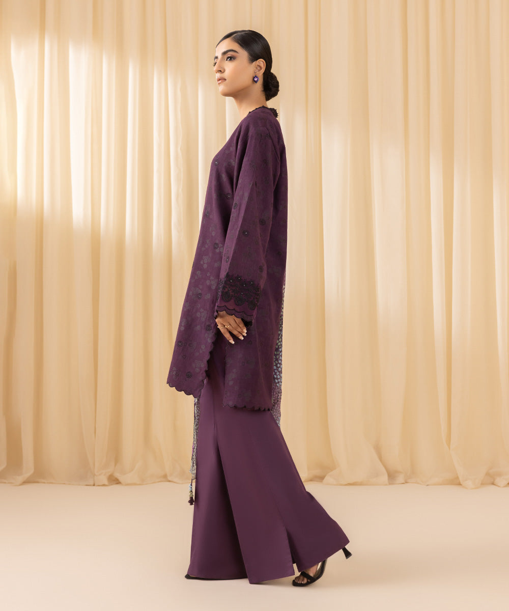 Women's Unstitched Embroidered Arabic Extra Weft Purple 3 Piece Suit