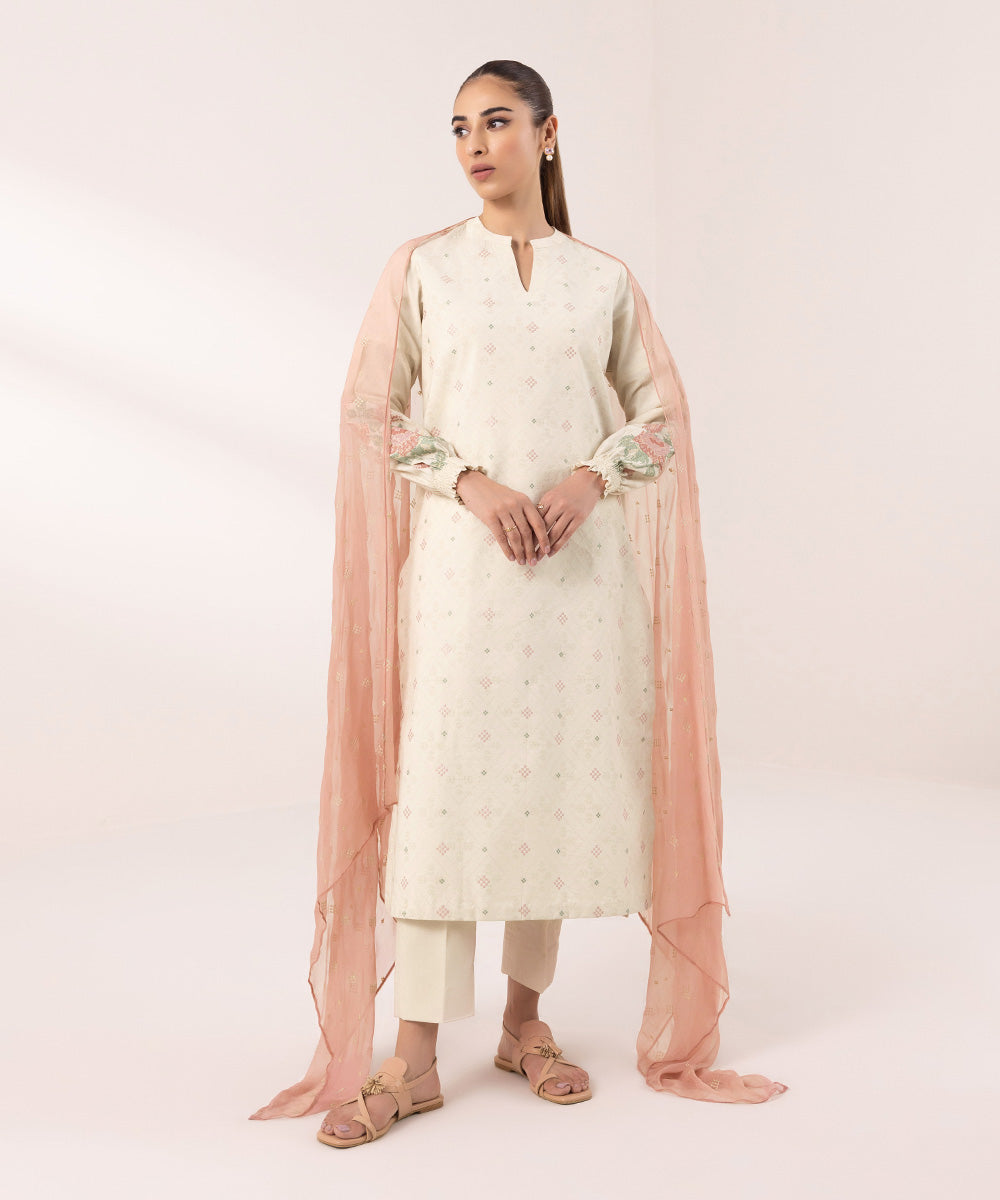 Women's Unstitched Cotton Jacquard Embroidered Off White 3 Piece Suit