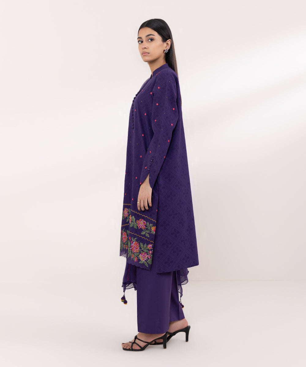 Women's Unstitched Cotton Jacquard Embroidered Purple 3 Piece Suit