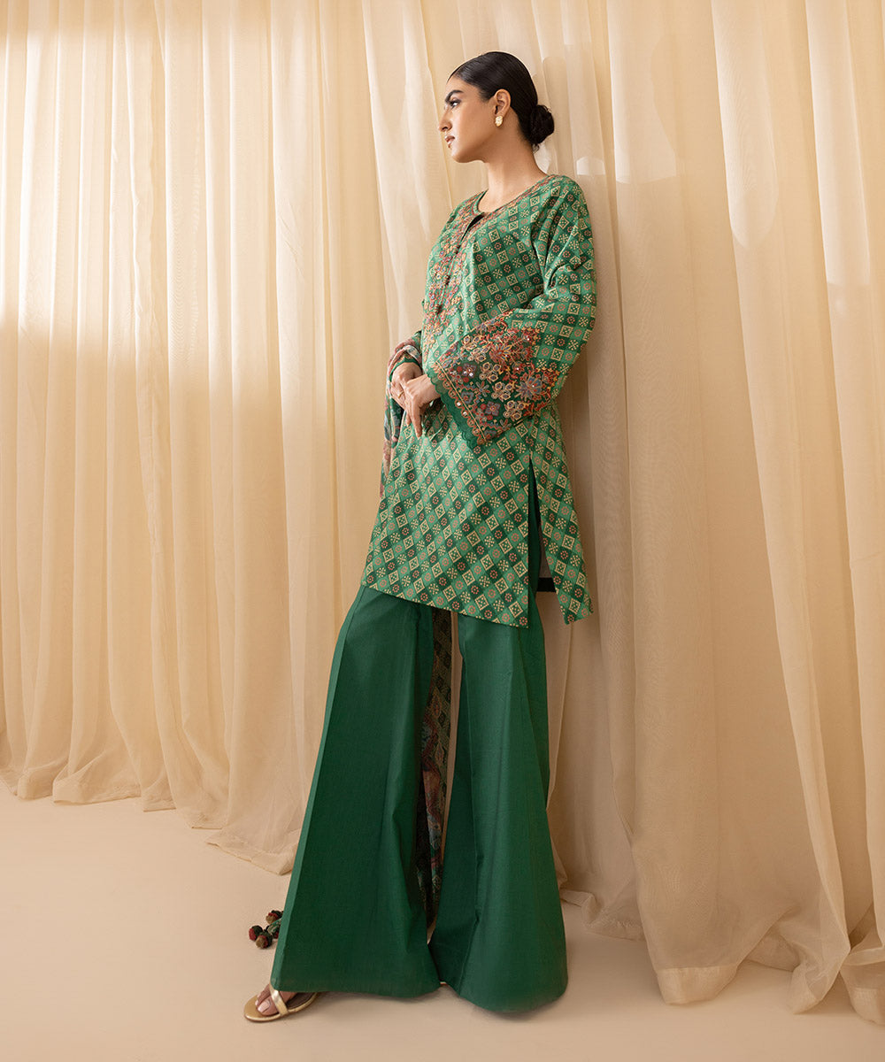 Women's Unstitched Embroidered Cotton Viscose Green 3 Piece Suit