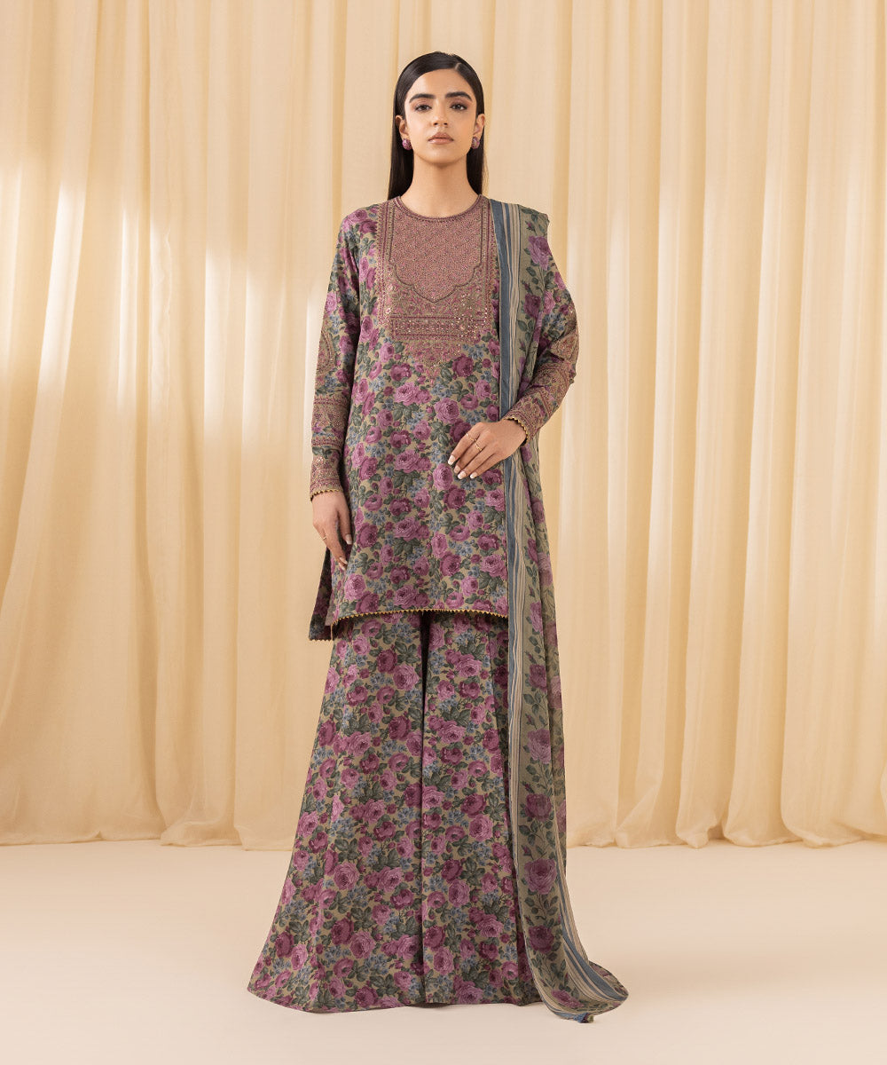 Women's Unstitched Embroidered Cotton Viscose Purple 3 Piece Suit