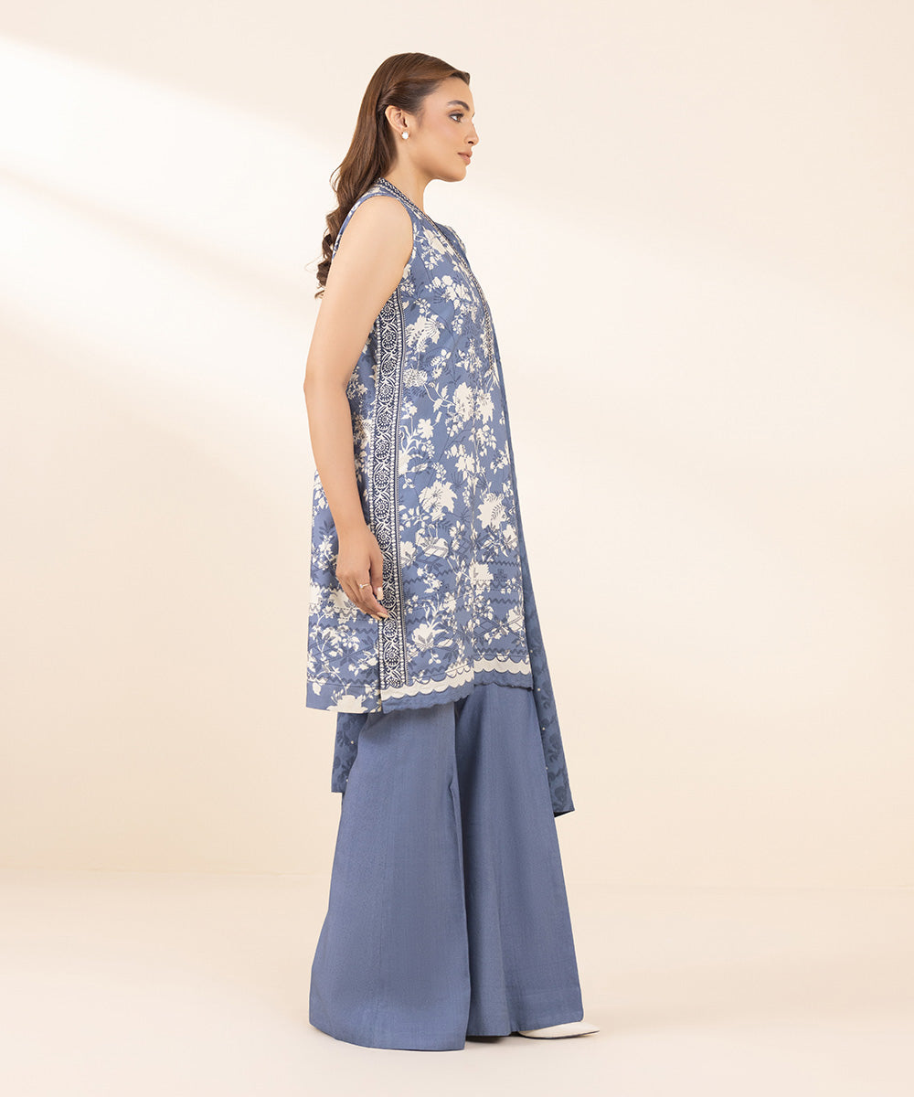 Women's Unstitched Arabic Lawn Embroidered Blue 3 Piece Suit